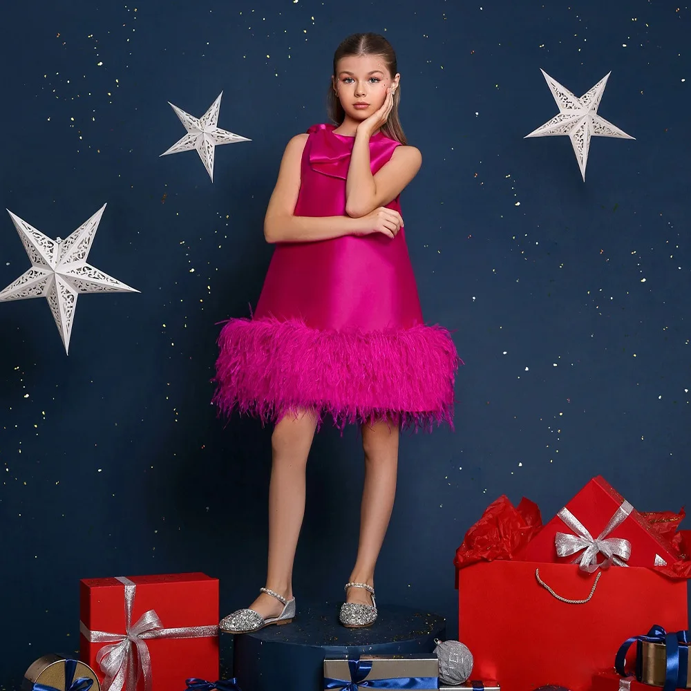 Elegant Boutique a Line Feather Hem High Neck Girls Princess Party