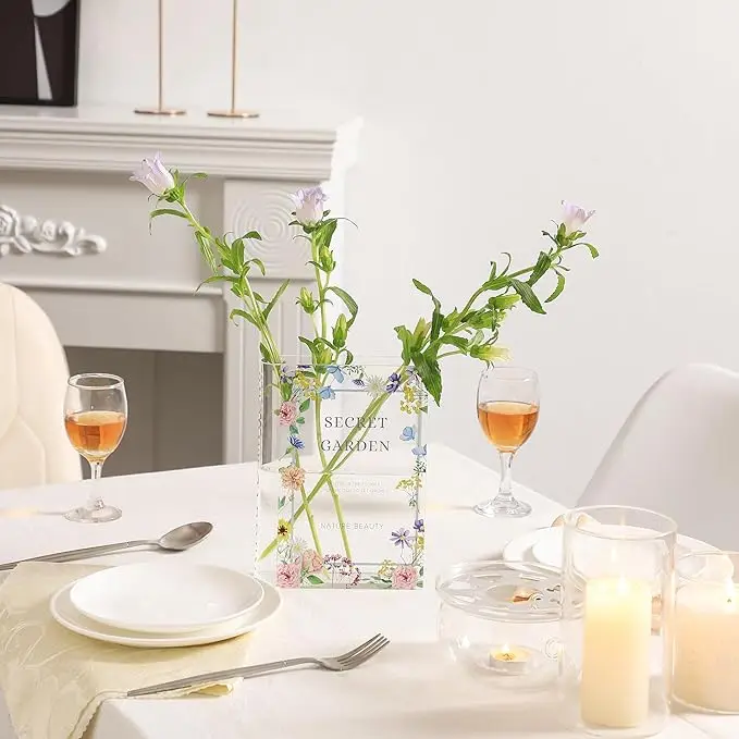 Puransen Boekvaas voor bloemen esthetische kamerdecoratie, artistieke en culturele smaak decoratieve acryl vaas, uniek huis/slaapkamer/kantooraccent, een boek over bloemen (heldere kleur