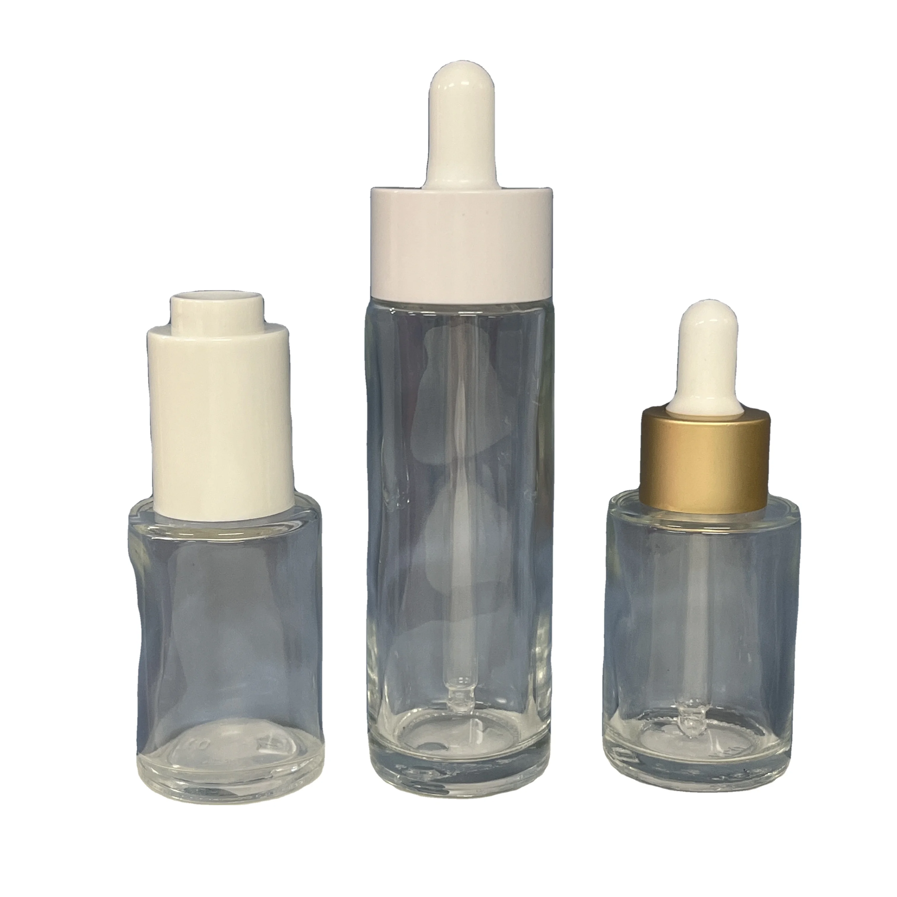 30ml 60ml Glass Dropper Bottle with 20mm White Press Dropper Button and Aluminum Gold Dropper Cap