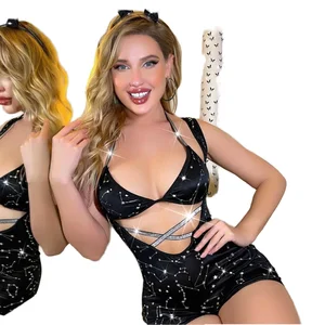 Oem Outfits Exotic Dancewear Rhinestones Stripper Clothes Lingerie Rabbit Ear Hair Band Pentagram Design Bodysuits Bondage