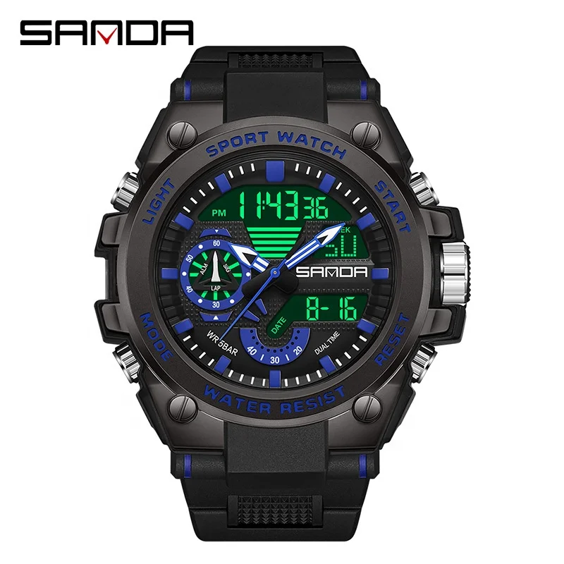 Sanda 3302 Analog Digital Movement Wrist Calendar Watch 2023 New Arrival Model Waterproof Outdoor Sports Men Alarm Wristwatch