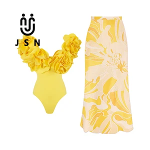 JSN 3D Flower Tube Top Bikini High-end Solid Color One-piece Swimsuit Suit for Women Beach Vacation Suit Skirt Swimwear