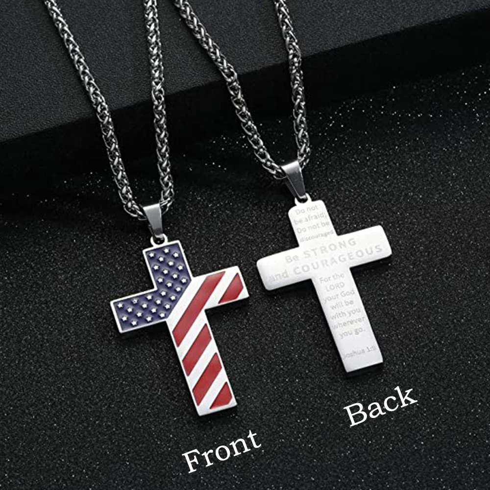 Personalized American Flag Patriotic Cross Necklace Christian Religious Bible Verse Pendant Jewelry for Men Women Memorial Gift