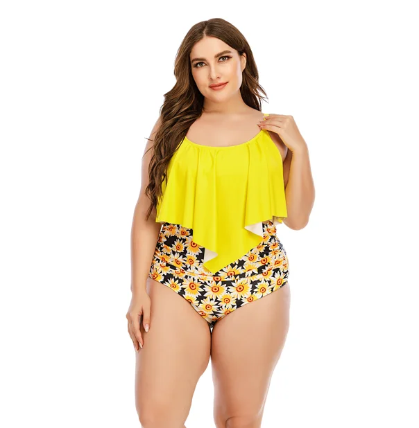 Custom Logo Women Plus Size Yellow Ruffle Swim Top Sunflowers Printed High Waisted Yellow Swimwear 5xl