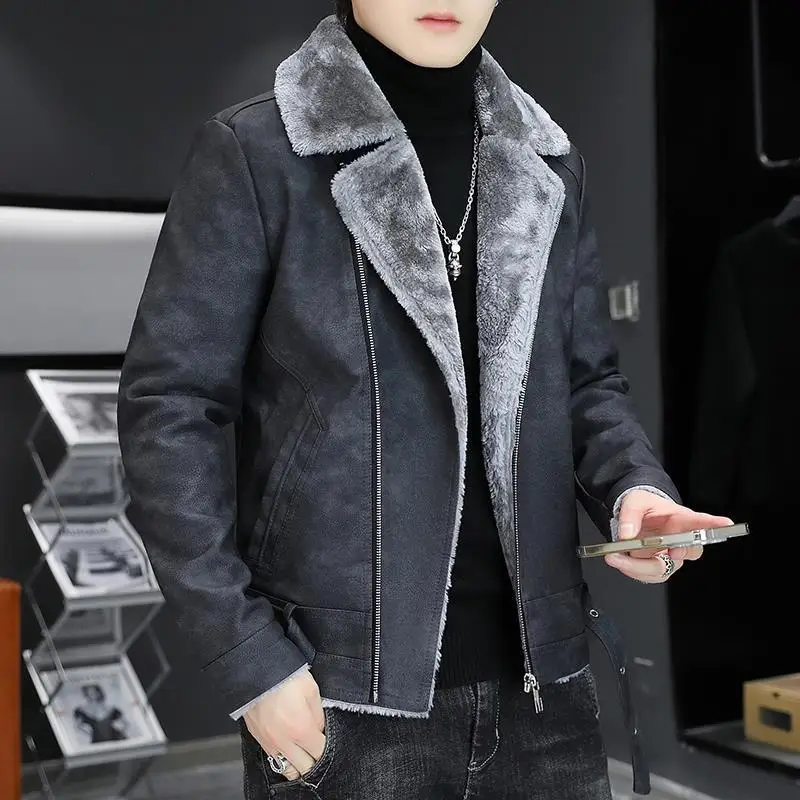 Winter Leather Men's Deerskin Fur Jacket Men's Slim Short Thick Warm  Motorcycle Coat