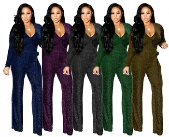European and American fashion casual women's gold and silver silk wide leg jumpsuit, deep V-neck straight tube jumpsuit