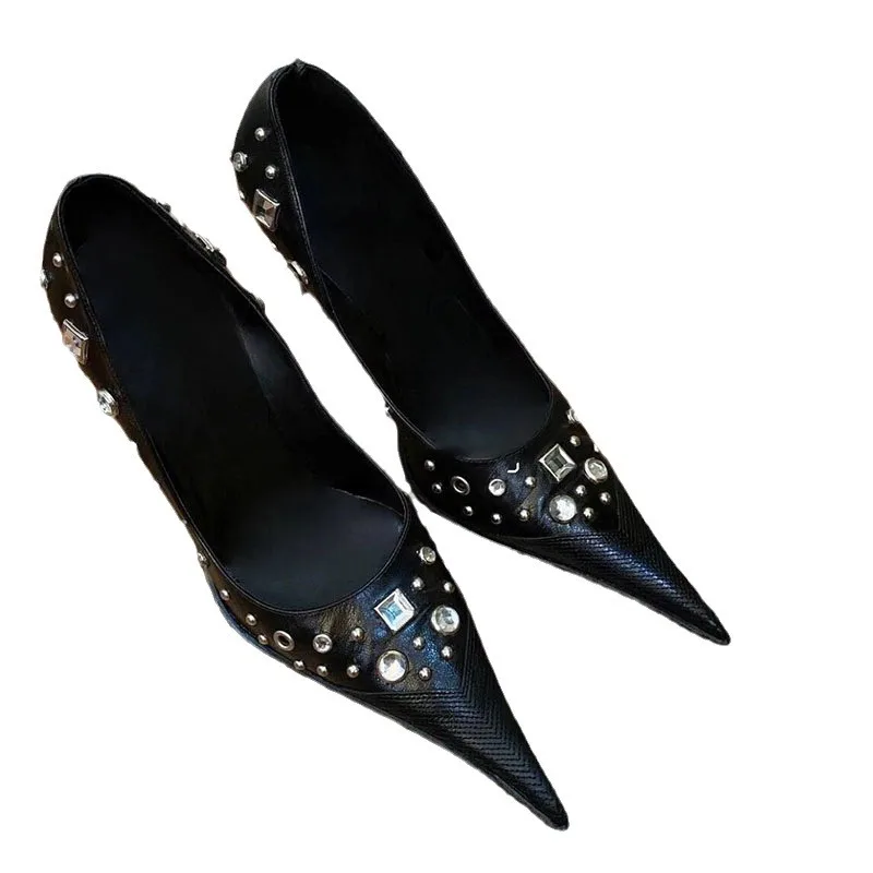 2024 Women Pointed Toe Spain Stiletto Pumps Punk Rivet Rhinestone Mules High Quality Closed High Heels Shoes For Women - Image 5