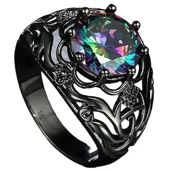 Colorful Vintage Women's Jewelry Mystic Rainbow Topaz Diamond Antique Gemstone Black Plated Rings