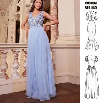 Custom summer Prom Dress Long Evening Gowns Cap Sleeves V Neck Sequin Chiffon Rose Bridesmaid blue Dresses women