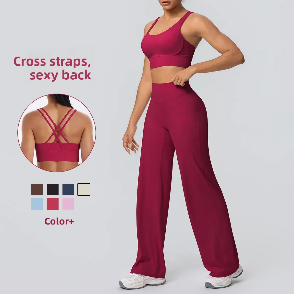 MCDUII Cross Beauty Breathable for 2-Piece Set High Waist Slim-fit Yoga Wide-leg Pants R