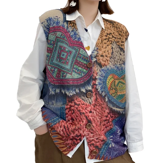 Women's Cardigan Vest Sweater Bohemian Trendy Fashion Printed Casual Loose V-Neck Knitted Cardigan Vest Top