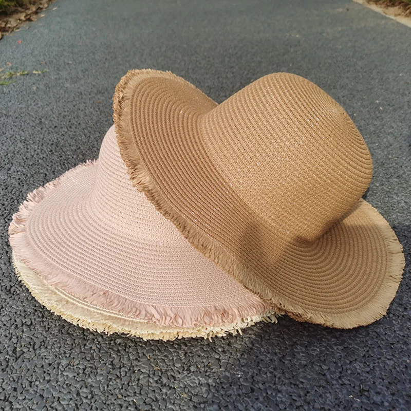 Summer Woman Straw Hat Solid Color Wide Brim Dome Sun Hat Fringe Beach Cap Foldable