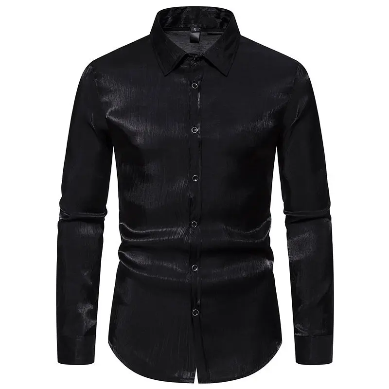 Hemden für Herren, ausgefallenes, langärmliges Hemd, glänzendes Seidensatin, metallisches Button-Down-Hemd, Rave-Disco-Party-Club-Hemd Tops360_voghion.com