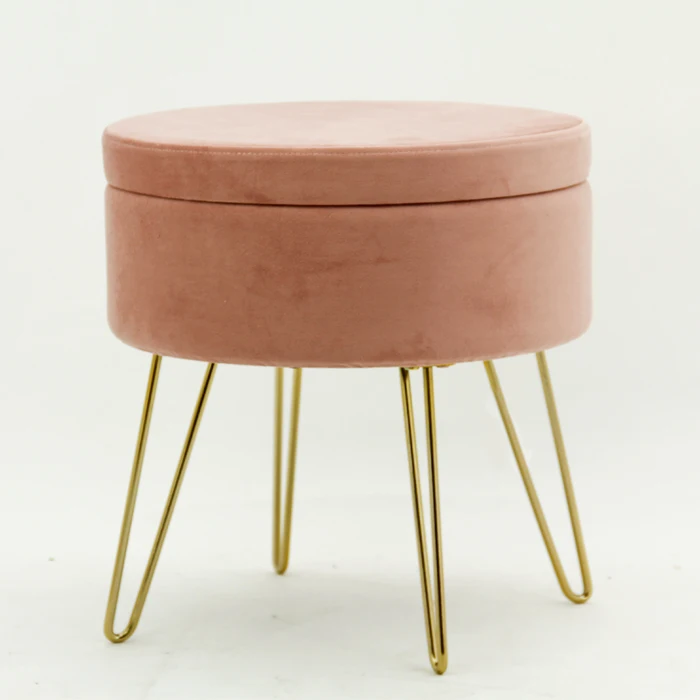 HStex Custom Furniture Folding Classic French Round pink Sofa Storage Ottoman Tray Sitting Stools Foldable Stool With Gold Legs