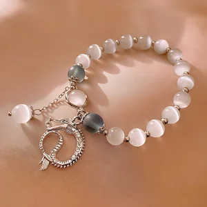 Fashionable Cat's Eye Stone Beaded Bracelet Dragon Charm Elegant Crystal Inlaid for Women Fashion Chain & Link Bracelets