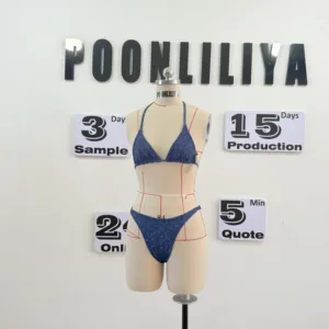 New Stock Tie-Dye Print 3-Piece Swimsuit Blue Jeans Print Bikini Beach Skirt Cover Halter Neckline Basic Animal Cheeky