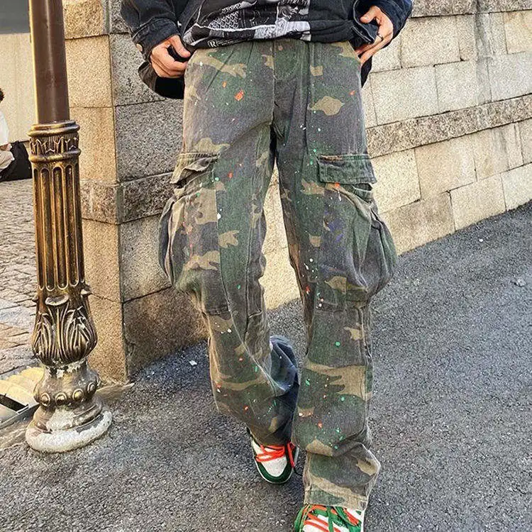 Men's Custom Printing Straight Leg Camo Cargo Pants Lightweight Mid Waist Elastic Closure Casual Oversize Style