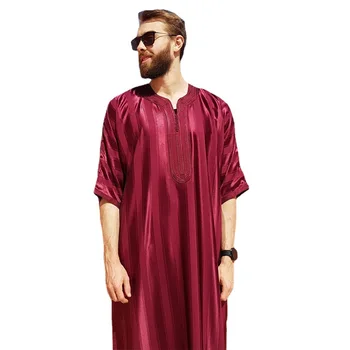 New Middle East Morocco Dubai Striped Robe Middle Sleeve Embroidered Men's Muslim Robe Saudi Arabia