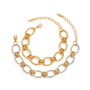 A Chic and Modern Minimalist 18K Gold Stainless Steel Bracelet with a Gold and Silver Color-blocked Chunky Chain.