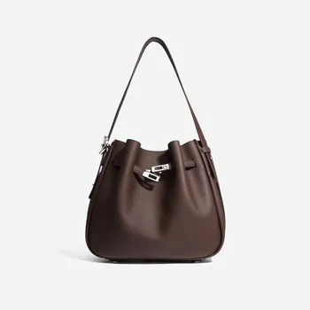 Women's Genuine Leather Bucket Bag Unique Fashion Cowhide Shoulder Crossbody with Two Water-Proof Handles/Straps