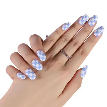 24pcs/set Blue Checkerboard Fashion Design Summer Style False Nails Short Oval Easy Apply Women Press On Nails For Salon