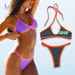 Manufacturer Purple & Pink Trim Two Piece Beachwear Swimwear Custom logo Print Design Women's Halter Neck Triangle Bikini Set