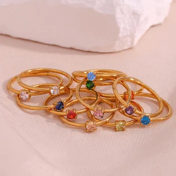 Dainty Colorful Birth Stone Zircon Rings 18K Gold Plated  Rings Set For Girls Stainless Steel Jewelry