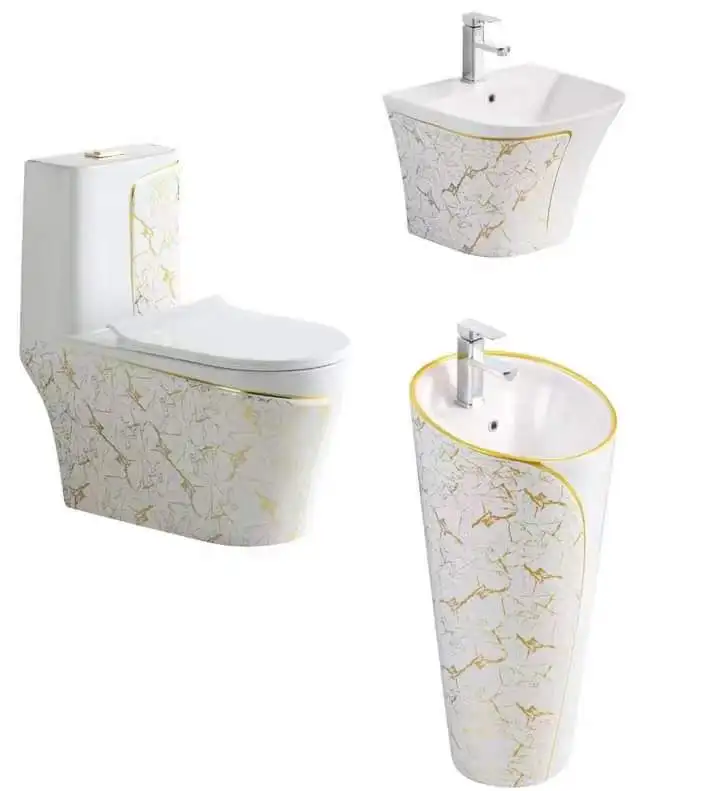 Luxury Siphonic Flush Bathroom Set Wc One Piece Ceramic Toilet And Sink
