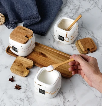 3 Porcelain Jars Spice Condiment Jar Spice Container Set With Wooden Lid,  Spoon and Tray. Marble Design 