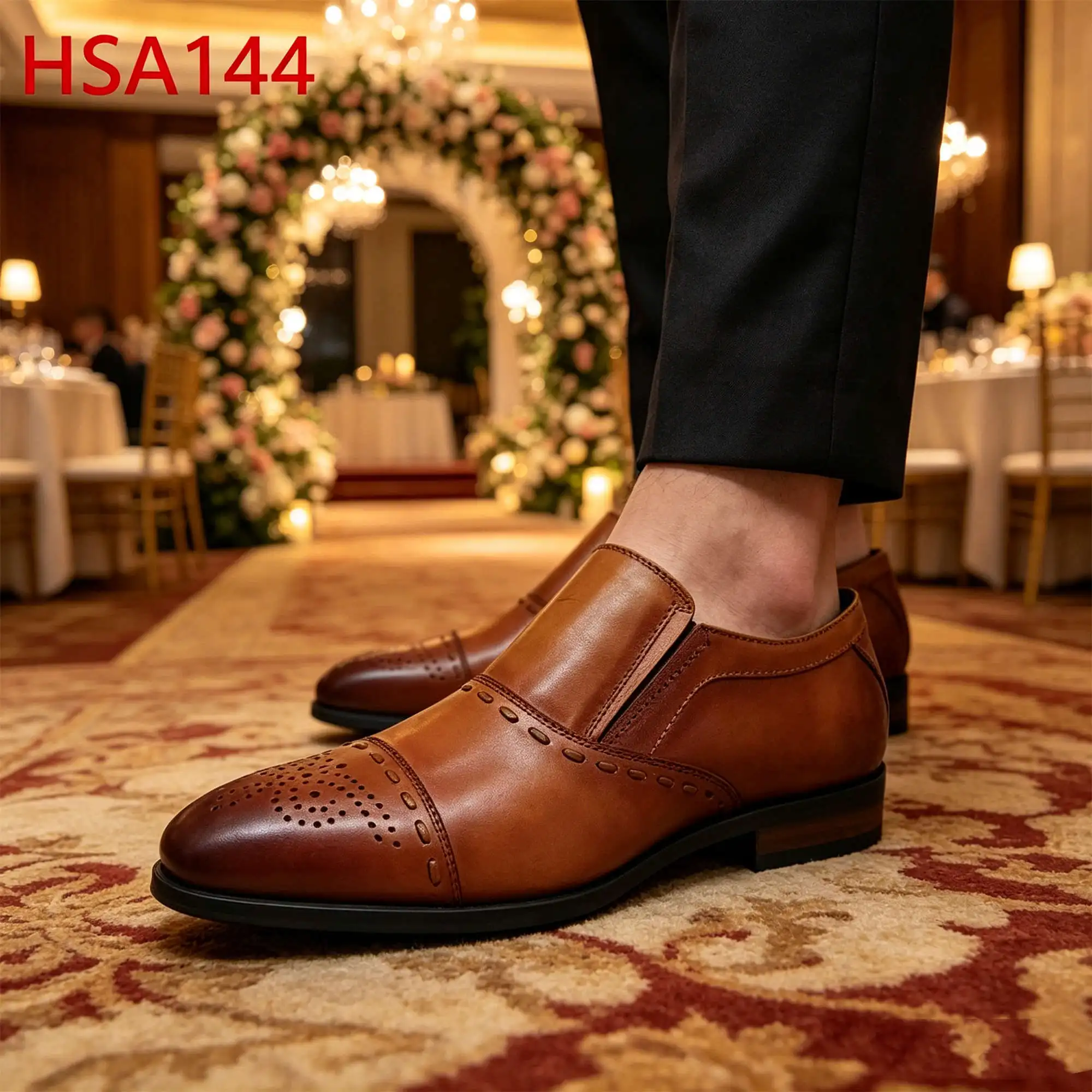 ZYF,Pull on Style Full Grain Leather Brown Fashion Dress Shoes Party-wear Double Joints Design Odor Free Derby Shoes HSA144