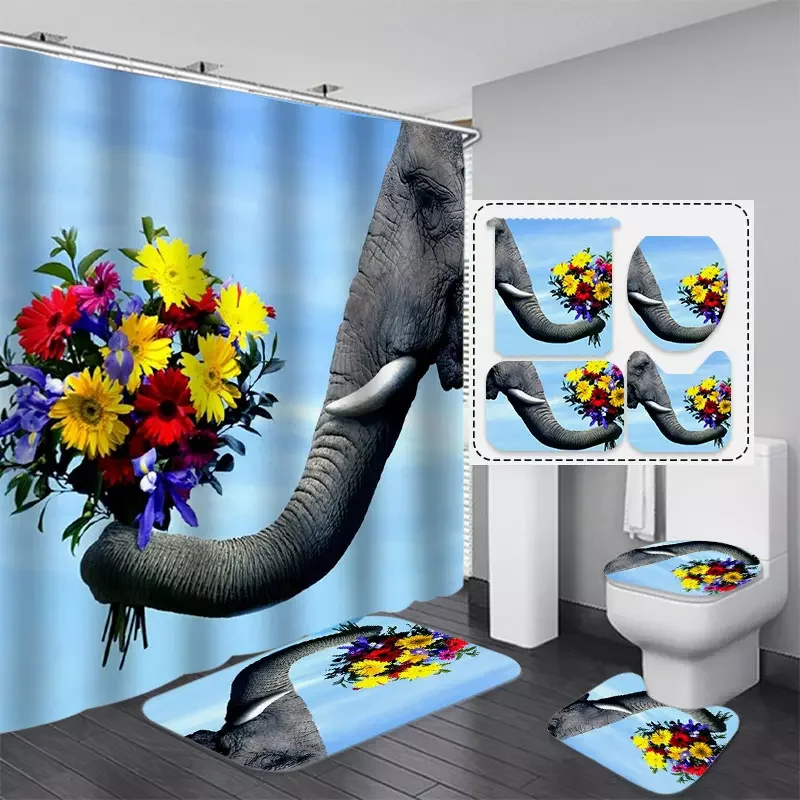 Elefante De Girasol Personalizable,100% Poliéster,Impermeable,4  Piezas,Juego De Baño - Buy 3d Impreso Cortinas Divertido Estilo De Dibujos  Animados Bordado Cortina De Ducha Con Gancho Impermeable De Baño  Conjunto,Colorido Impresión De Poliéster Azul