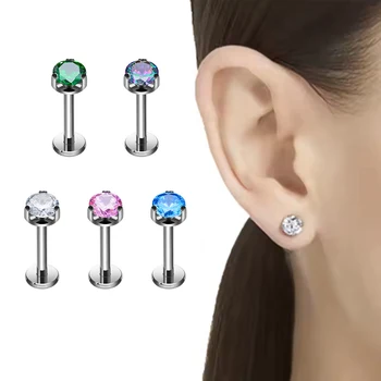 ASTM F136 Titanium 16G Ear Nose Studs Flat Back Labret Round Cut CZ Cartilage Tragus Helix Piercing Earrings Body Jewelry