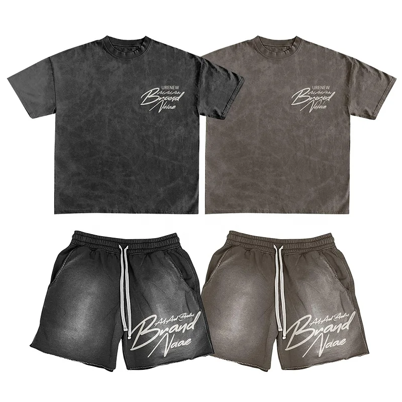 Custom Print Logo Wash Two Piece Graphic T Shirts and Short Set Summer 2 Piece Shirt and Shorts Set Tracksuit for Men