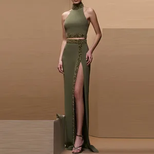 New Women Sexytwo Piece Set Beading Tank Tops High Split Bodycon Long Skirts Elegant Evening Party Birthday Dress Vestido