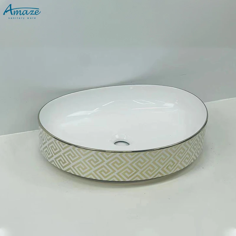 Good quality washroom wc sanitary ware white gold plating pattern ceramic lavabo counter top wash basin sink supplier