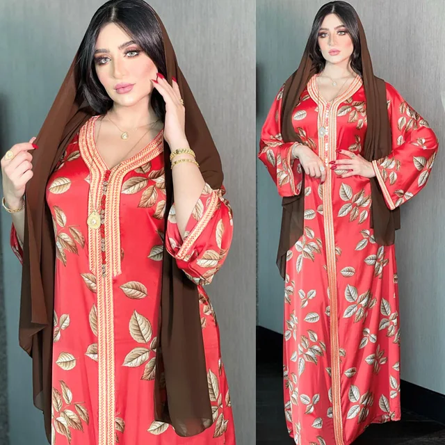 2022 Dubai Latest Design Red Muslim Dresses Gold Floral Printing Gebed Abaya