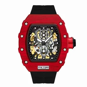 Red Hollow Fully Automatic Mechanical Men's Watch Waterproof Carbon Fiber Skeleton Automatic Wristwatch