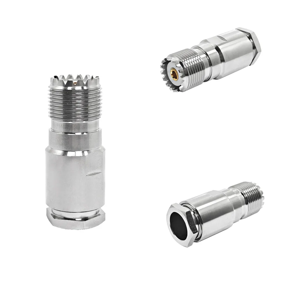 soket UHF Betina Lurus 50 Ohm Berlapis Nikel, Jenis Penyepit Skru SO259 untuk Kabel 8DFB, Penyambung RF