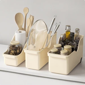 Space-Saving Desktop Storage Cabinet for Kitchen Plastic Sundries Organizer with Wheels Pot Rack