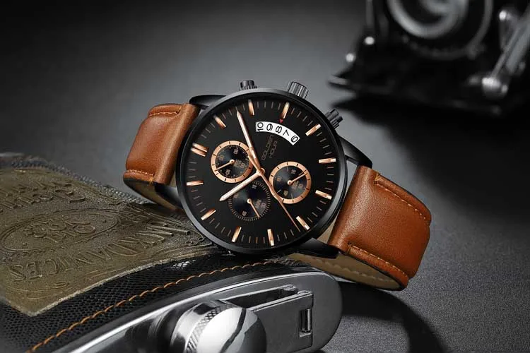 GOLDEN HOUR GH125-L fashion Brown unisex quartz watch vive PU leather band 3 dials calender Concise outdoor watch company