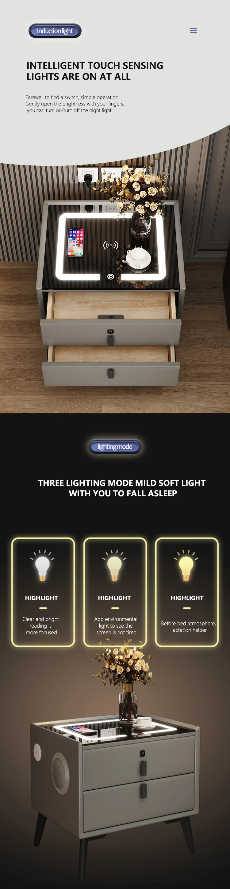 Modern Design Three Drawers LED Wooden Nightstand Home Furniture ...