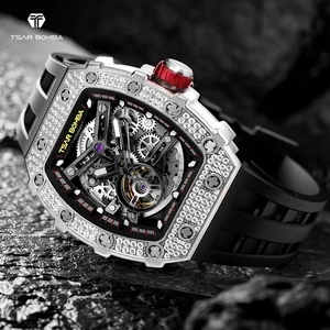 For TSAR BOMBA Men's Diamond Mechanical Watches Tonneau Case Water-Resistant Rubber Band Analog Display