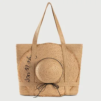 2025 Women's Handmade Straw Bag with Hat Casual Vacation Style Large Capacity Woven Cross-Border Bag Zip Closure Logo Pattern
