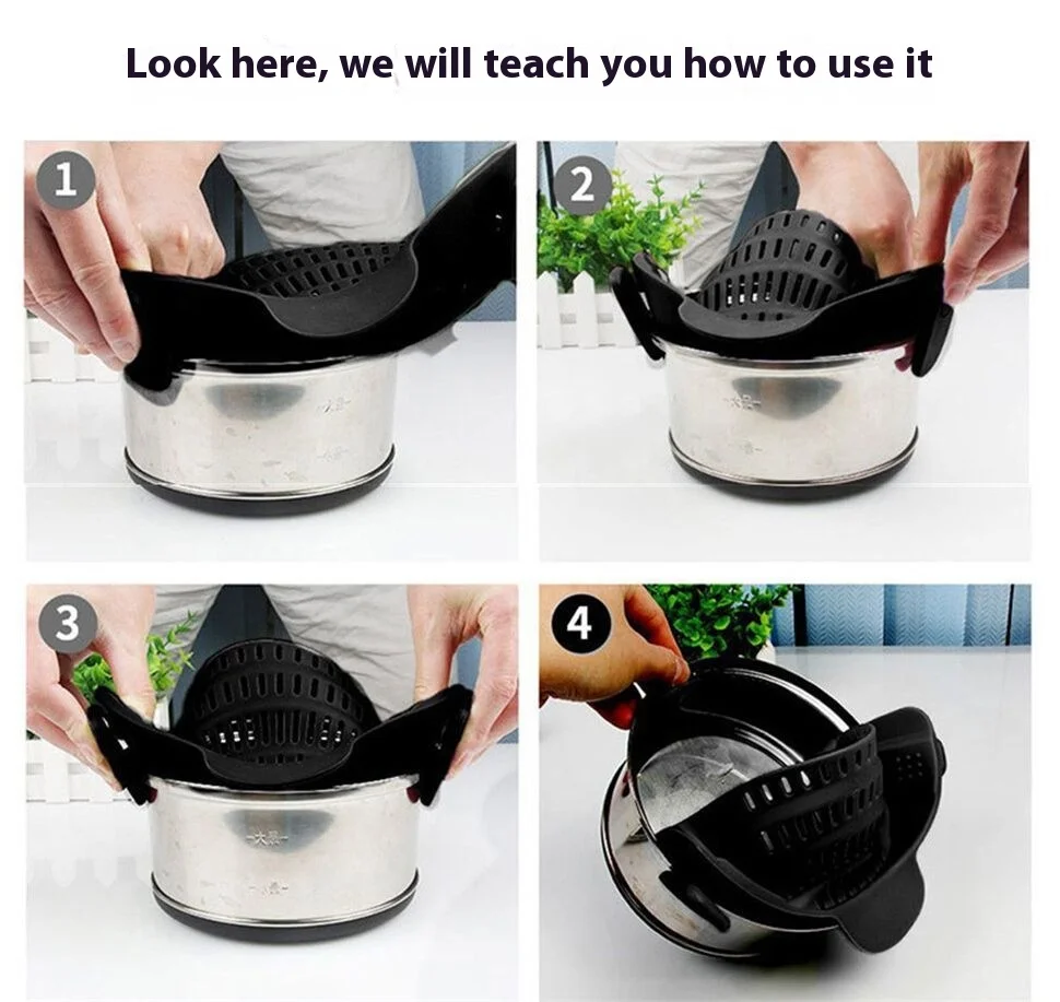 Creative New Style Kitchen Tools Waterproof Silicone Pot Edge Drainer Vegetable Noodle Water Filter Pouring Colander Strainer supplier
