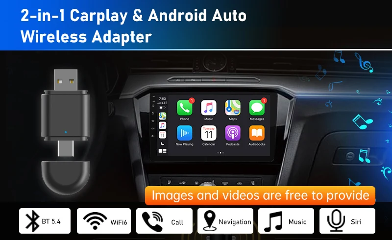 2IN1 Mini CarPlay Adapter with USB & Type-C Ports Wi-Fi6 & Bluetooth5.4 ...