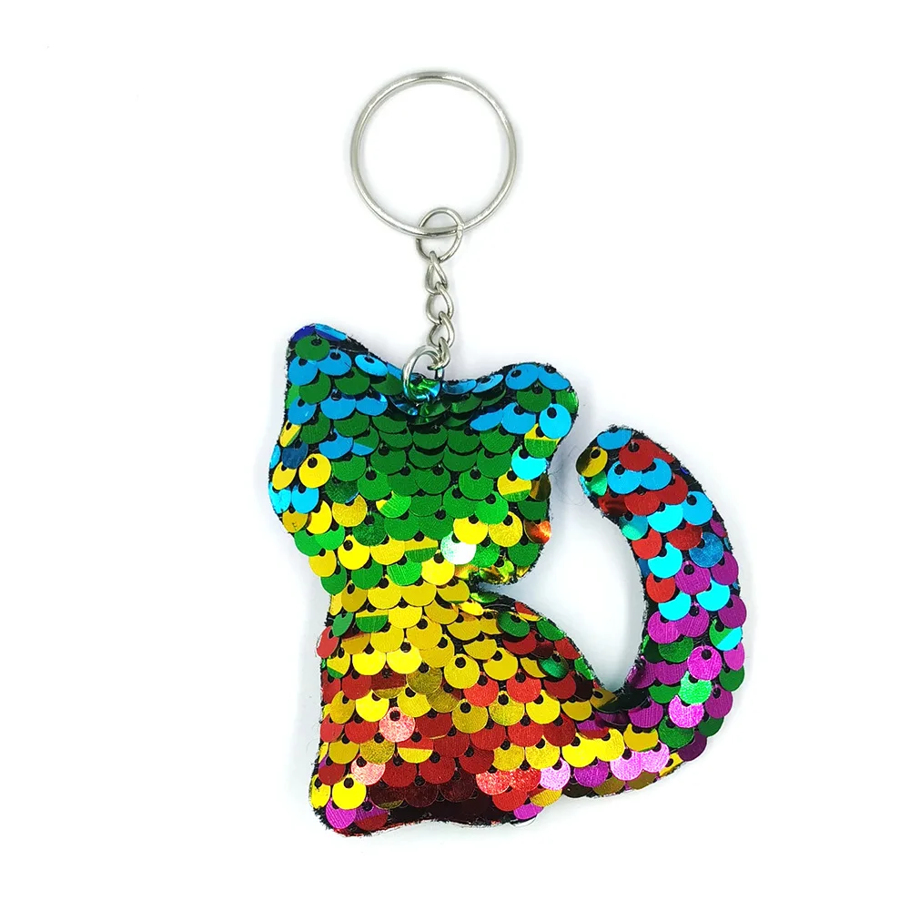Flip Cute Sequins Keychain Little Cat Shape Key Ring Hanging Decoration Car Bag Accessory Pendant Birthday Party Supplies