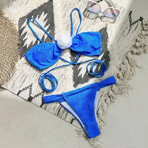 For Women's High-Grade Solid Color Cross-Border Sexy Hollow Bikini New Arrival XL Logo Waist 2-Piece Spandex/Polyester