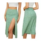 green elegant casual all-match Slit high waist pencil summer floral bodycon print mid-length skirt women