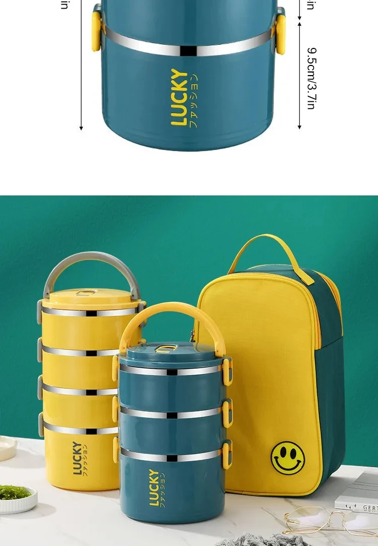 Stainless Steel Double Layer Round Bento Box Lunch Box With Handle