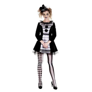 Adult Harlequin Costume Diamond Print Dress Pom-Pom Detail Tulle Hem for Stage Comfortable Breathable Circus Theme Parties